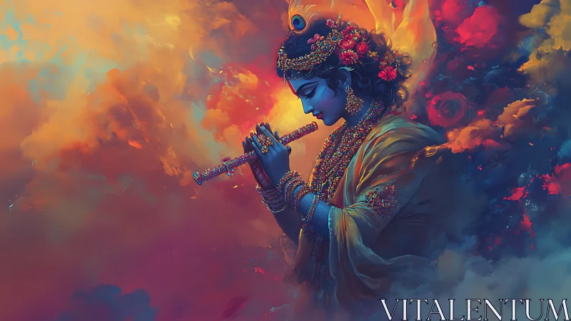 Digital painting of divine flutist in luminous nebulae haze.