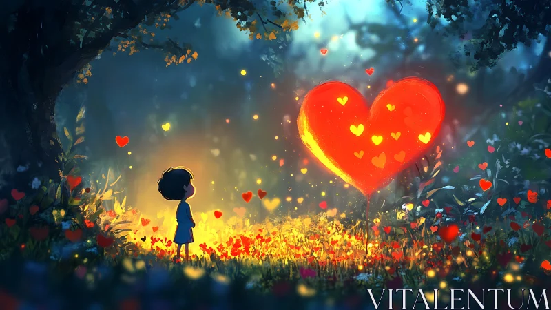 Child Beneath Glowing Heart in Enchanted Floral Landscape