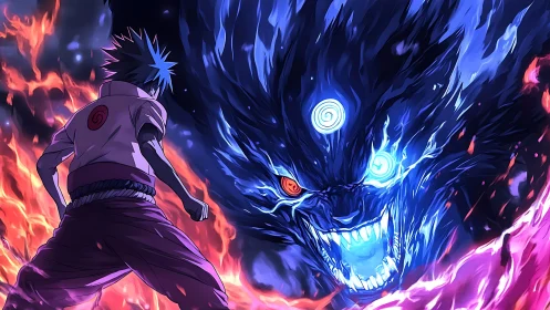 Human figure facing large spectral beast amid blue fire.