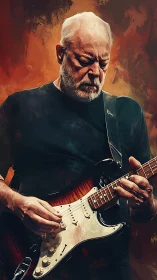 Elderly male guitarist with electric guitar on warm backdrop.
