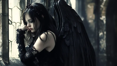 Melancholic dark angel resting by an old stone window