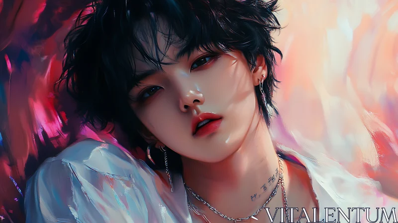 Androgynous portrait glows in neon brushed light.