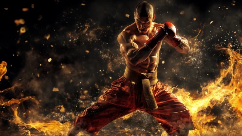 Dynamic martial artist framed in infernal combat tableau.