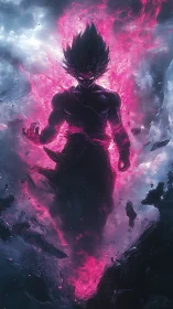 Shadow warrior rises wreathed in luminous pink energy storm