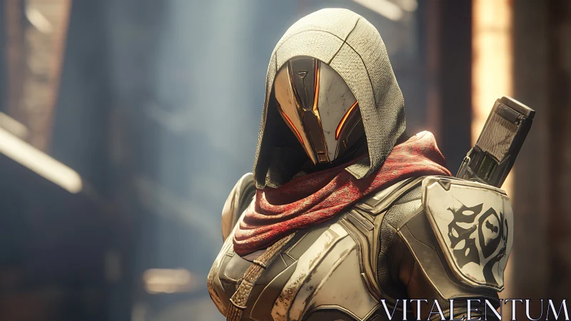 Hooded sci fi guardian resting in warm urban light.