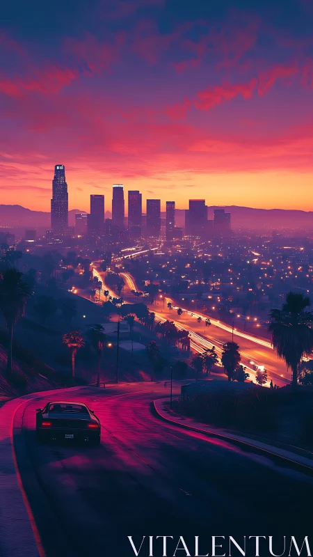 Neon drenched hillside freeway toward sunset city skyline