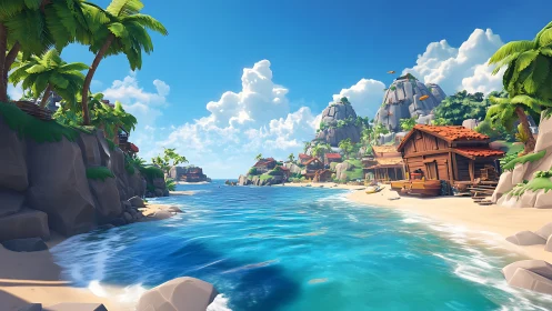 Tropical Island Beach Settlement With Stone Cliffs and Turquoise Waters