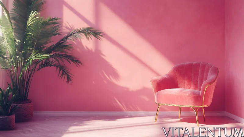 Photorealistic pink lounge corner with velvet accent chair.