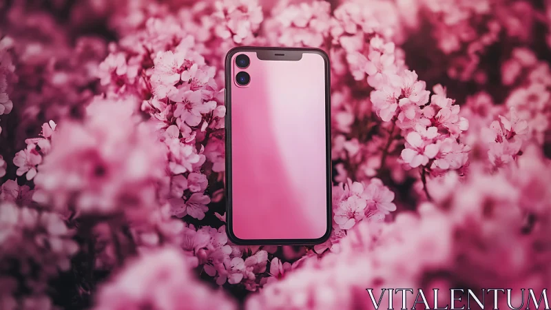 Smartphone with gradient display nestled amidst pink floral blossoms.