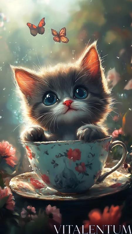 Kitten in Floral Teacup with Butterflies.