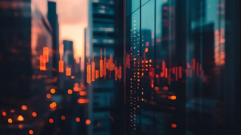 Cyberpunk data waveform across reflective city facade.