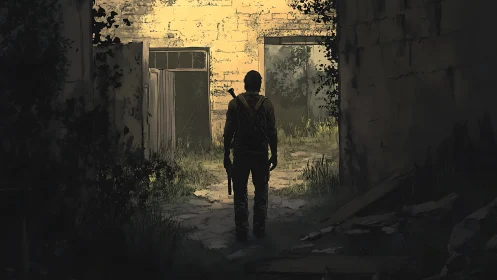 Solitary survivor in backlit overgrown concrete corridor