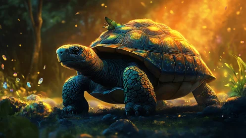 Bioluminescent forest tortoise under volumetric sunset lighting