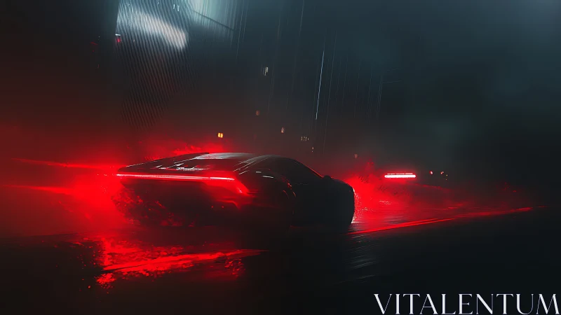 Futuristic sports car in neon red cyberpunk nightscape.