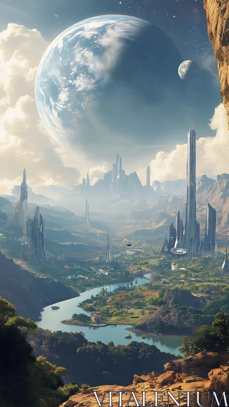 Futuristic river valley beneath colossal ringed planet.