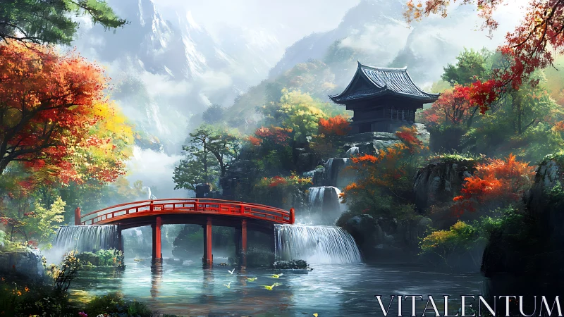 Tranquil red bridge crosses misty falls in autumn shrine valley