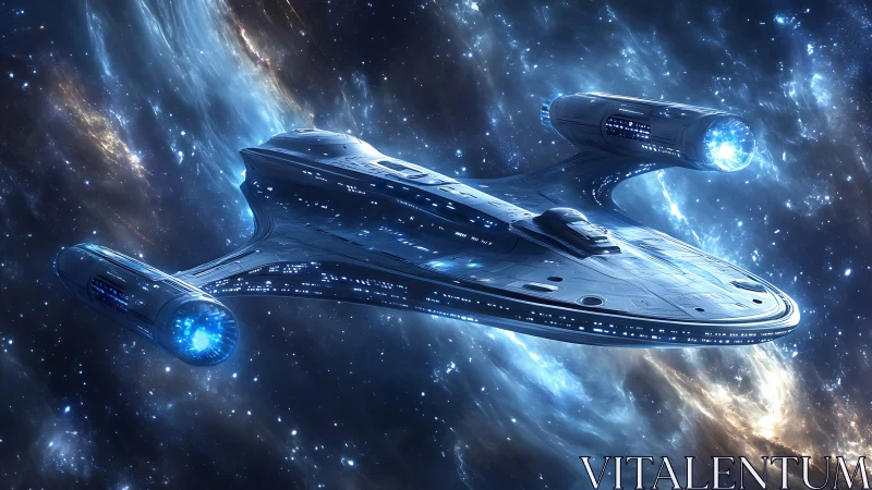 Sleek starship glides through luminous nebula-lit deep space
