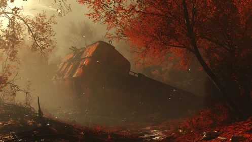 Derelict freight car amid dense red autumn woodland.