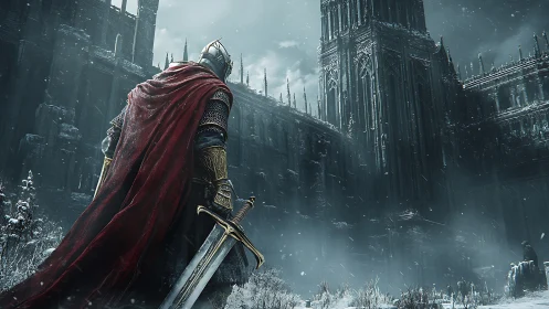 Crimson‑cloaked knight confronts a frozen gothic citadel.