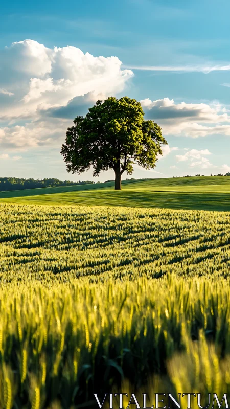 Solitary tree over sunlit wheat field under sculpted clouds.