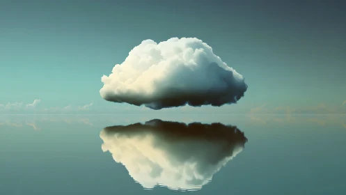 Solitary cloud mirroring over glassy horizon seascape.