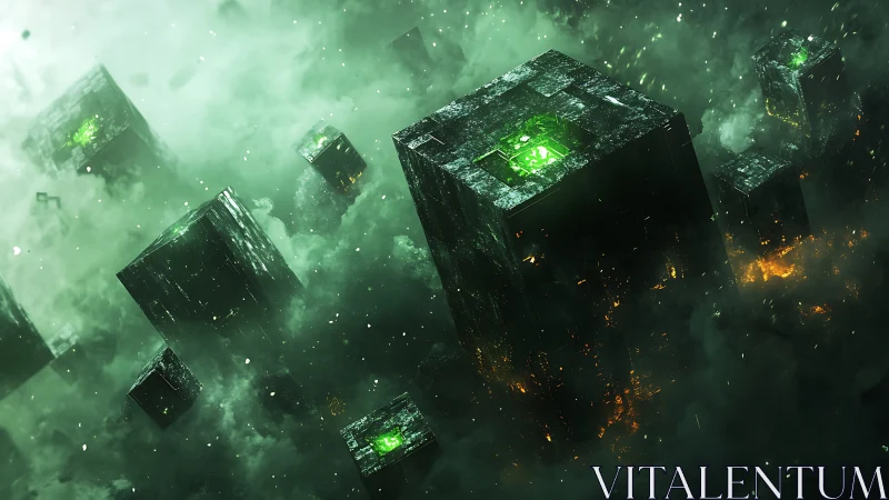 Monolithic cyber cubes rising through toxic emerald fog.