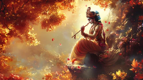 Divine flute player bathing autumn forest in golden music.