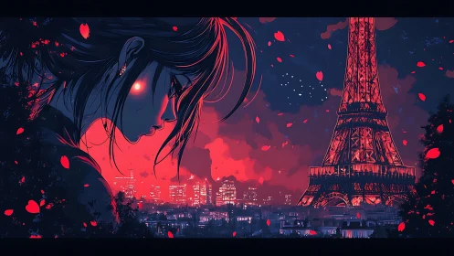 Melancholic anime profile contrasts neon Parisian nightscape