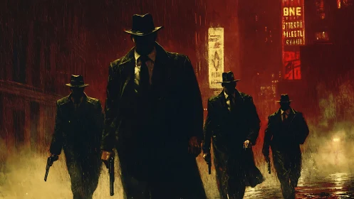 Shadowed mobsters stride through a rain soaked city night.