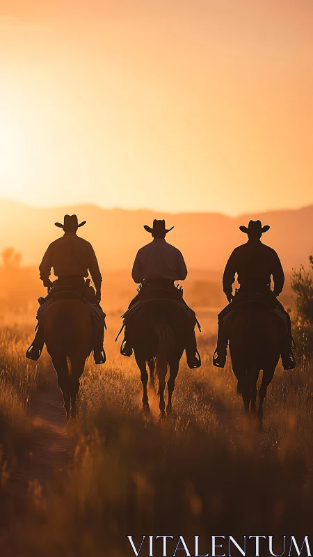 Triadic cowboy silhouettes in backlit desert sundown field.