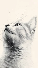 Pencil Sketch of Cat's Face Gazing Upward