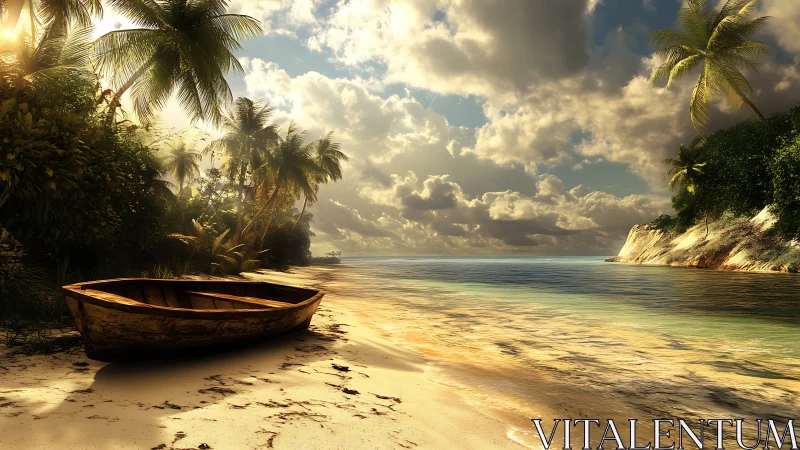 Tropical Shoreline Serenity: Weathered Boat Rests on Golden Sand.