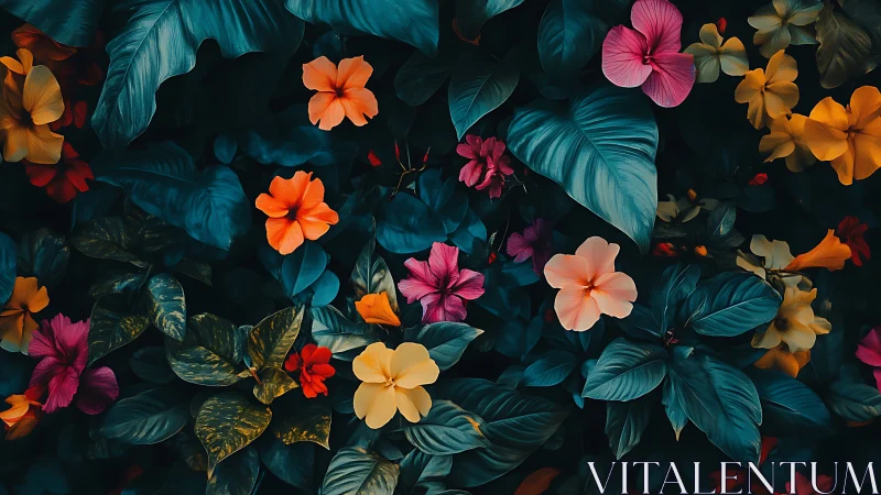 Vibrant tropical flowers arranged against deep teal foliage.