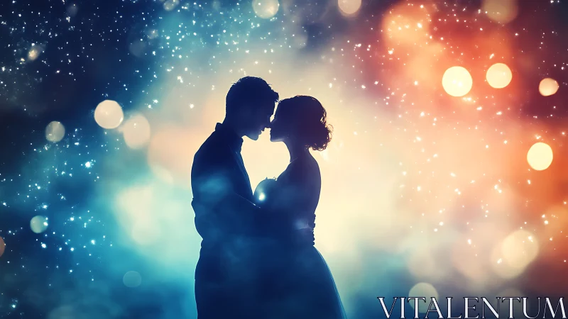 Two Silhouettes Dancing Through Stardust and Bokeh Lights.
