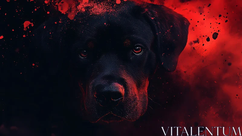 Black dog portrait emerges through red particulate haze