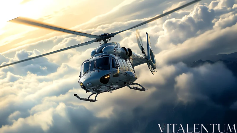 Twin-engine utility helicopter slicing through stratiform clouds.