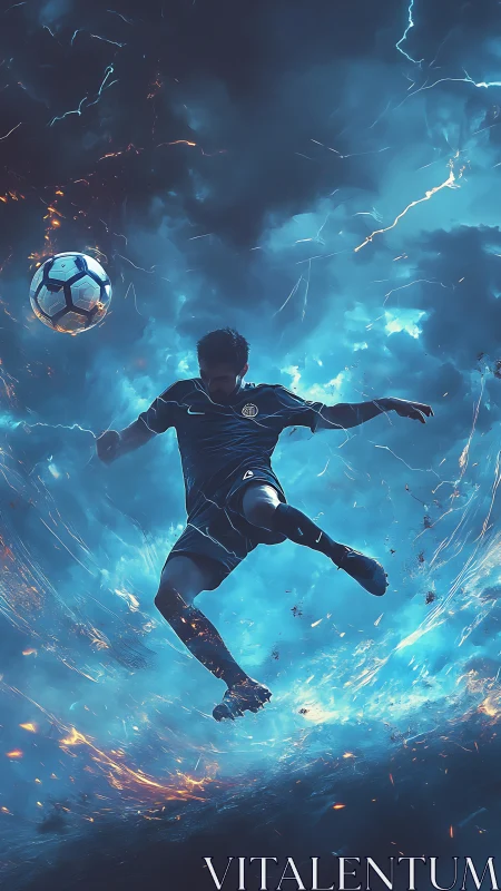 Dynamic footballer suspended in electrified storm vortex