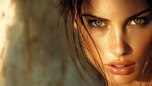 Sunlit close-up portrait isolates intense gaze and dewy skin