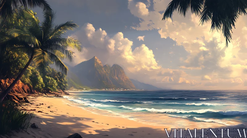 Tropical Coastline with Volcanic Peak and Golden Hour Illumination.