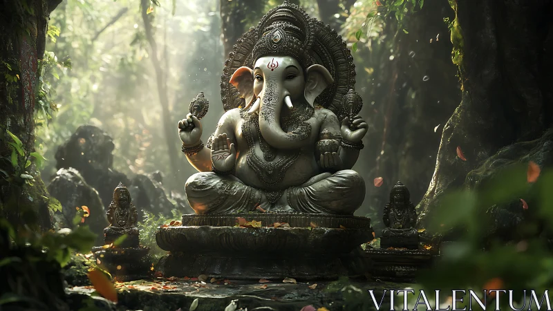 Forest dawn crowns serene elephant deity in mossy stone