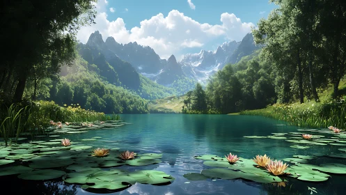 Luminous alpine lake with waterlilies and glaciated peaks rendered.