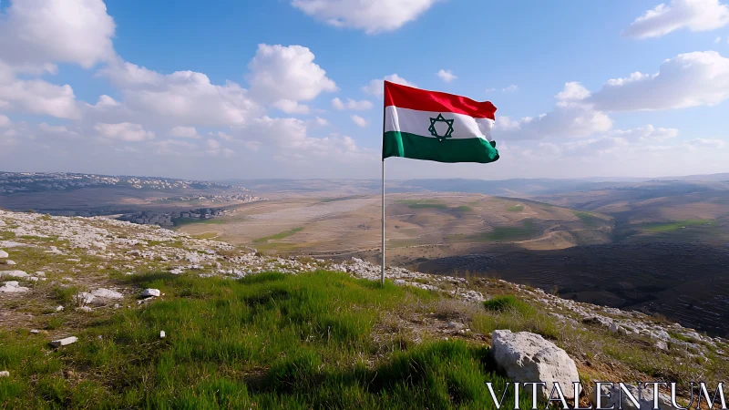 Tricolor flag with star emblem on windswept plateau overlook.