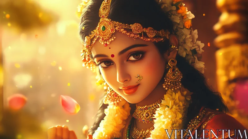 Digital portrait of adorned Indian woman with garlands and bokeh