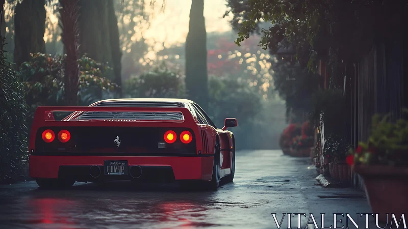 Red sports coupe is parked on wet narrow driveway at dusk