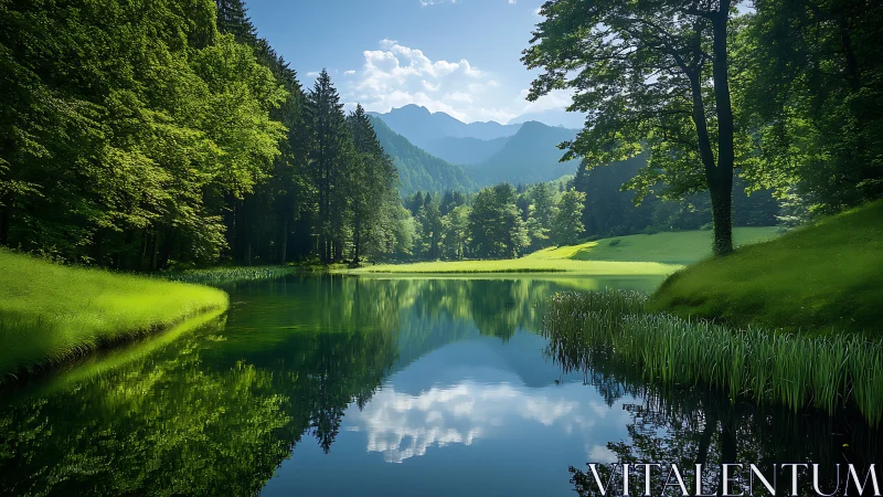 Quiet forest lake rests under gentle mountains and sky