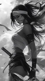 Warrior woman stands poised with katana in storm wind