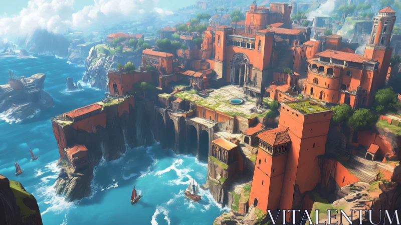 Sunlit cliffside citadel leans into turquoise, wind-tossed seas