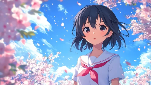 Soft spring breeze with a thoughtful girl beneath blossoms.