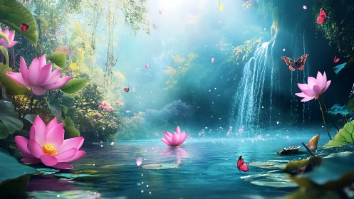 Lotus lagoon daydream with butterflies and misty falls.