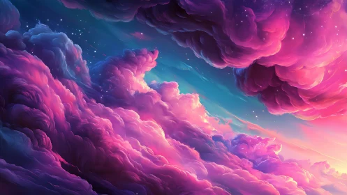 Vivid nebula clouds in pink and blue twilight sky.